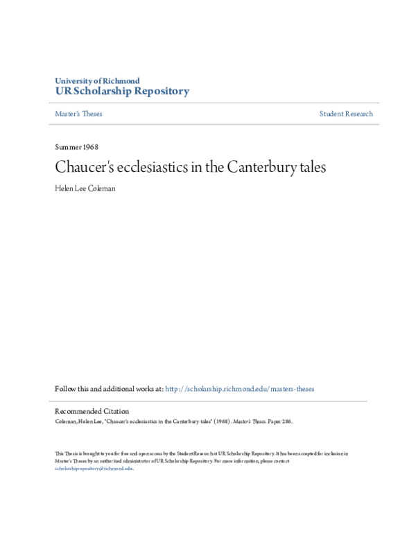 UR Scholarship Repository Chaucer' s ecclesiastics in the Canterbury tales