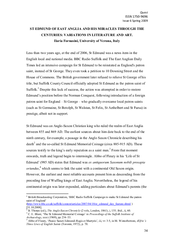 St Edmund of East Anglia and his miracles through the centuries - Variations in literature and art