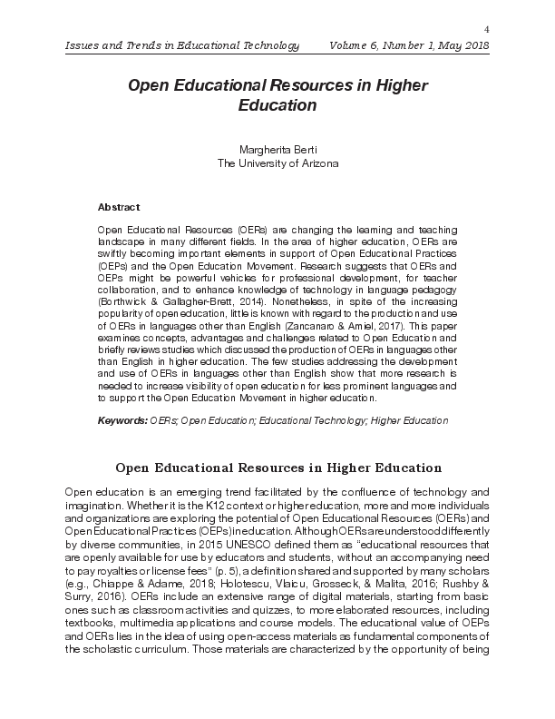 (PDF) Open Educational Resources in Higher Education, Issues and Trends ...