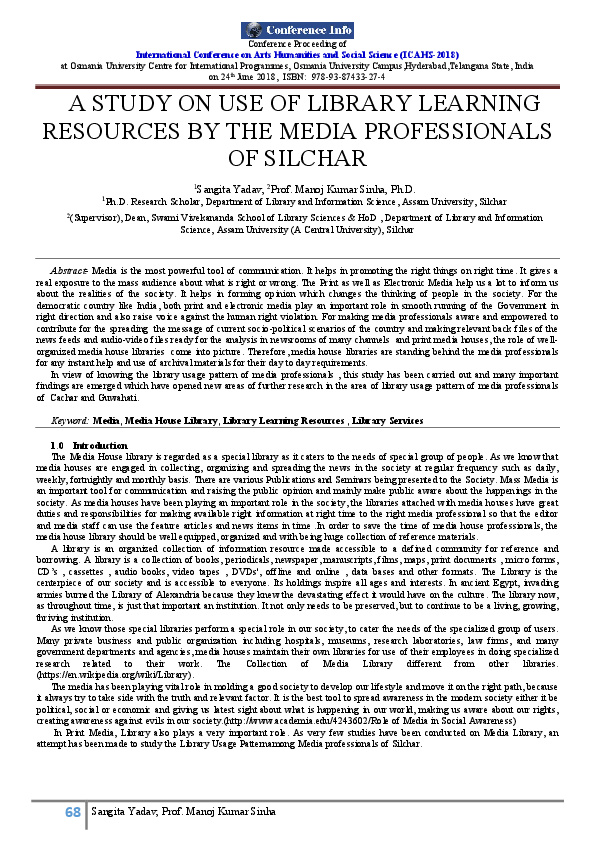 (PDF) A STUDY ON USE OF LIBRARY LEARNING RESOURCES BY THE MEDIA PROFESSIONALS OF SILCHAR Prof