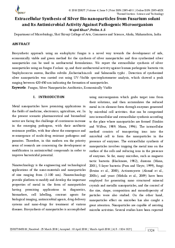 (PDF) Extracellular Synthesis of Silver Bio nanoparticles from Fusarium ...
