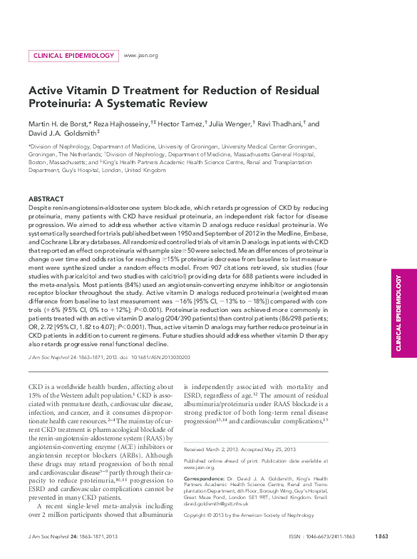 (PDF) Active Vitamin D Treatment for Reduction of Residual Proteinuria A Systematic Review