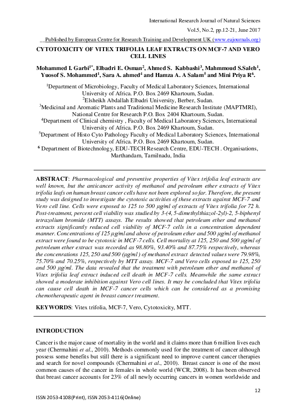 (PDF) CYTOTOXICITY OF VITEX TRIFOLIA LEAF EXTRACTS ON MCF-7 AND VERO ...