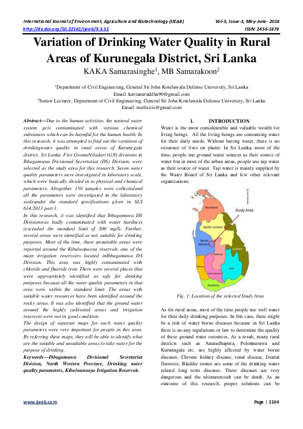 (PDF) Variation of Drinking Water Quality in Rural Areas of Kurunegala