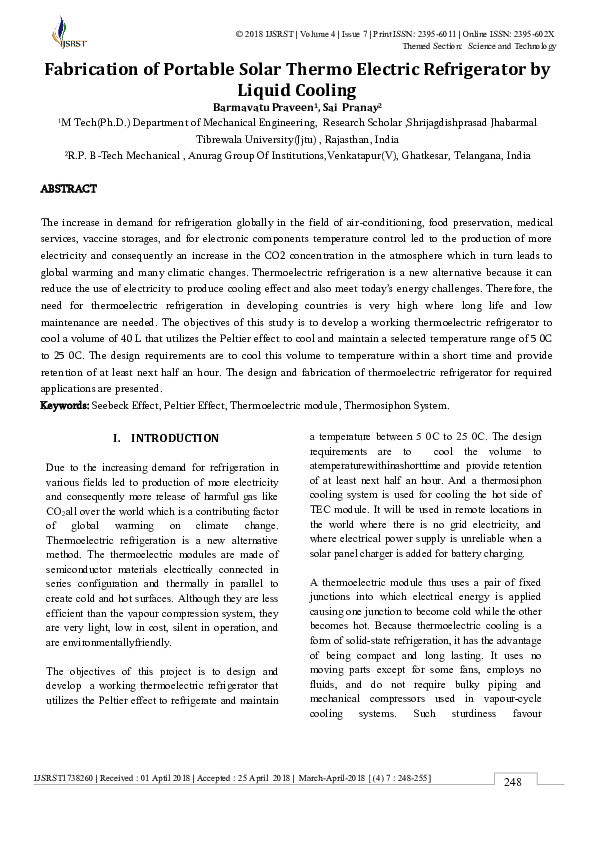 (PDF) Fabrication of Portable Solar Thermo Electric Refrigerator by