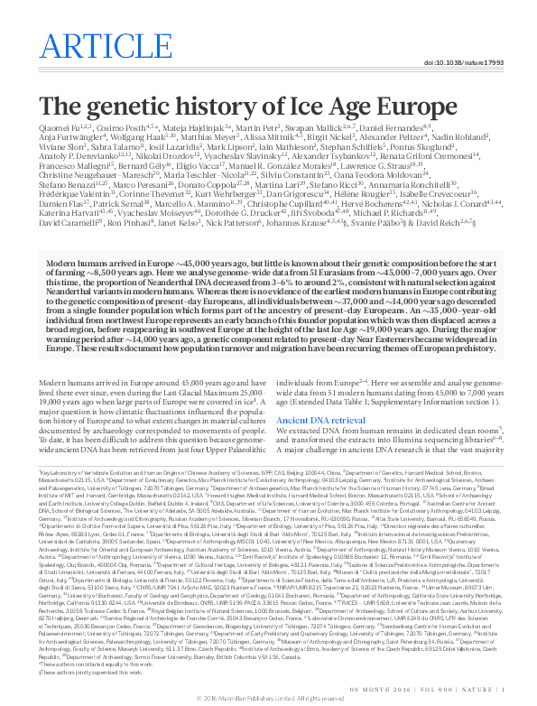 Fu et al. The genetic history of Ice Age Europe.