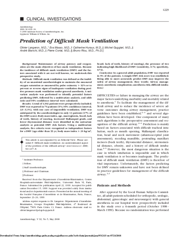 (PDF) Prediction of Difficult Mask Ventilation
