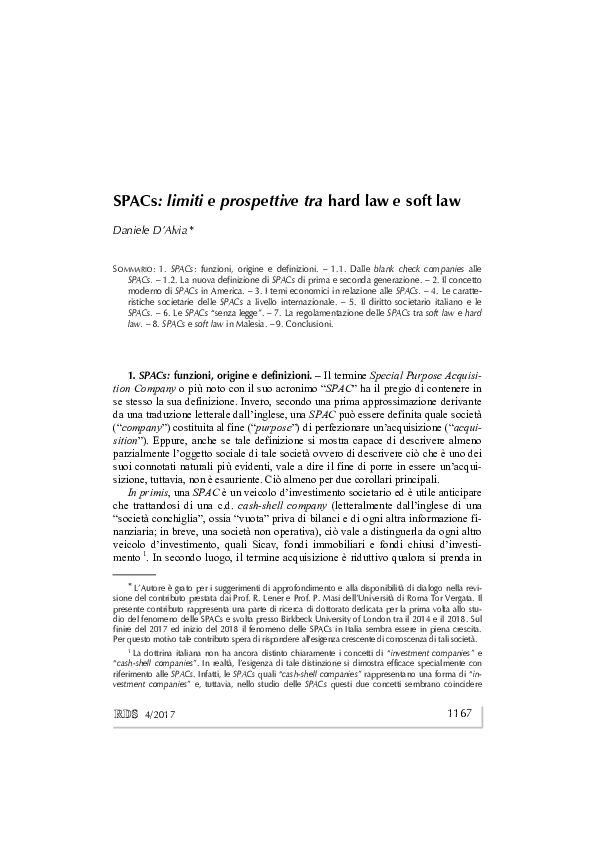 (PDF) SPAC limiti e prospettive tra hard law e soft law [SPACs limits