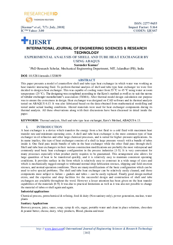 (PDF) EXPERIMENTAL ANALYSIS OF SHELL AND TUBE HEAT EXCHANGER BY USING
