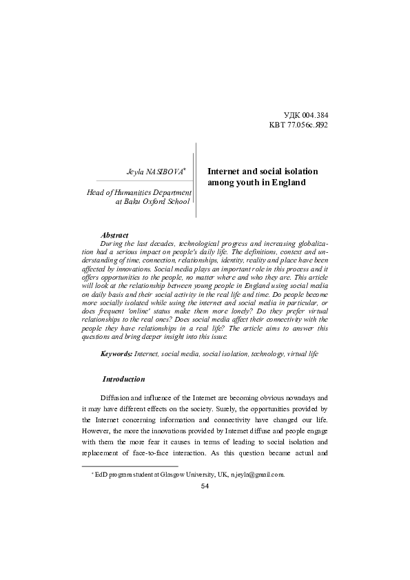 (PDF) Internet and social isolation among youth in England