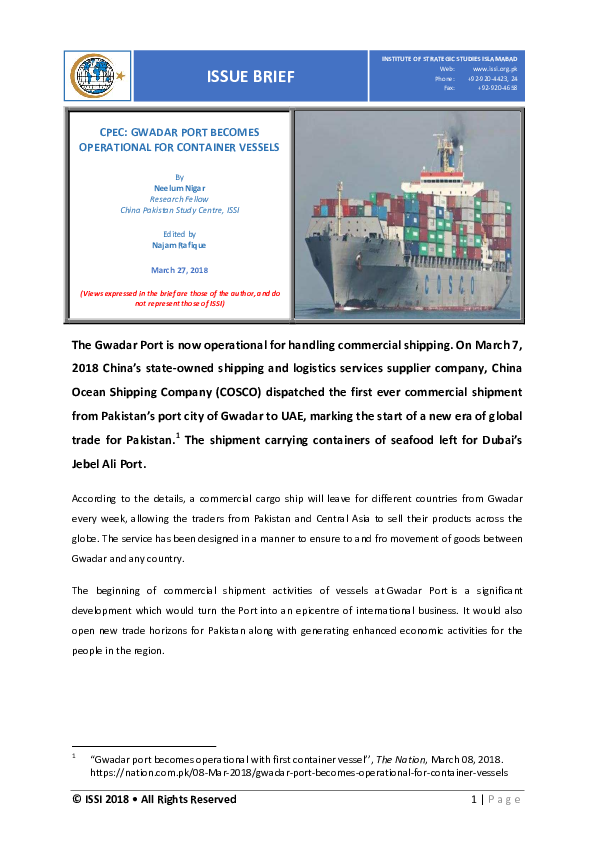 (PDF) CPEC Gwadar Port becomes Operational for Container Vessels