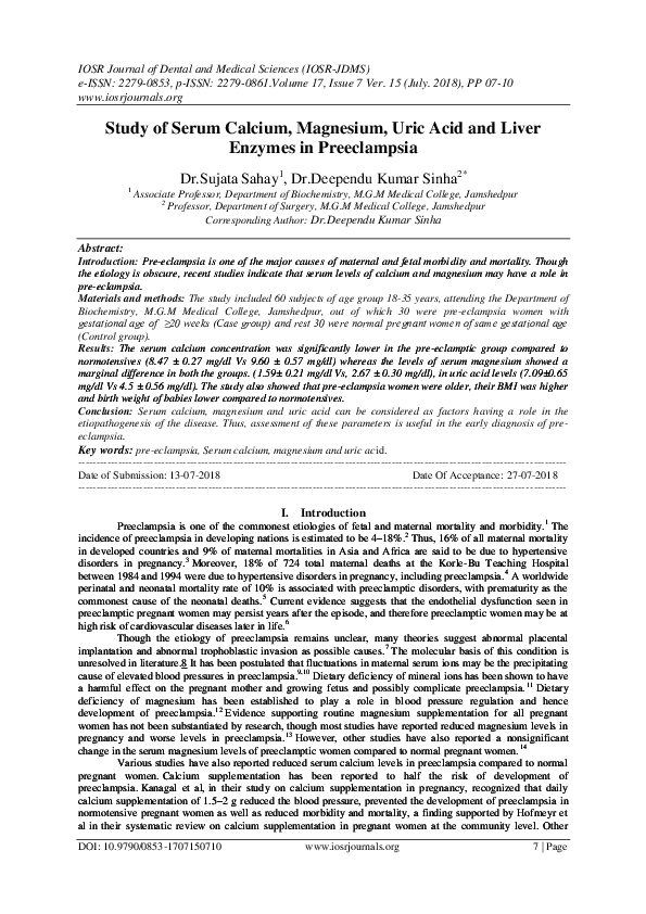 (PDF) Study of Serum Calcium, Magnesium, Uric Acid and Liver Enzymes in ...