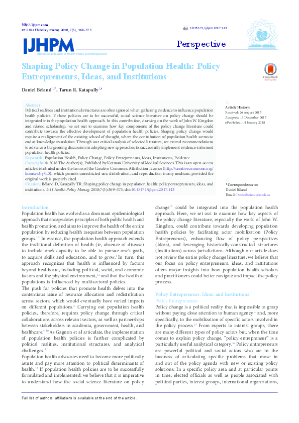 (PDF) Shaping Policy Change in Population Health: Policy Entrepreneurs ...