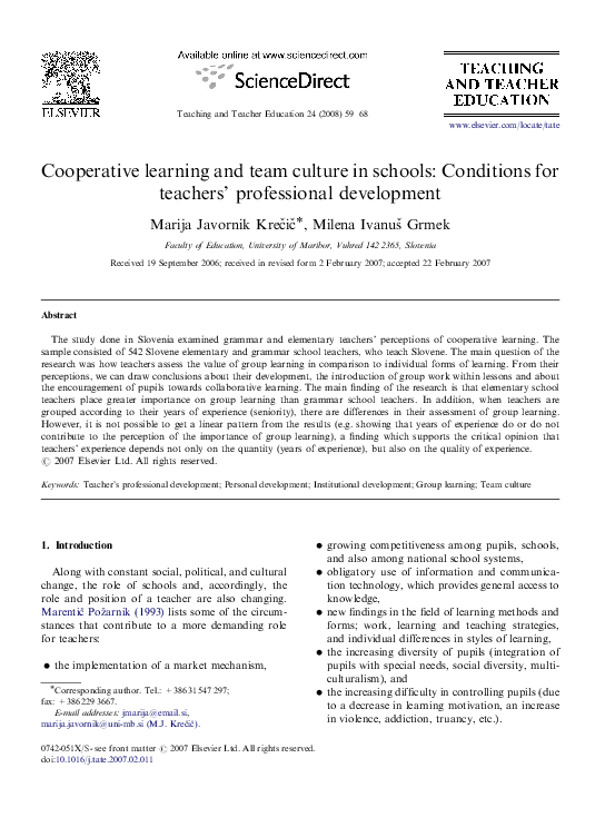 (PDF) Cooperative learning and team culture in schools: Conditions for ...