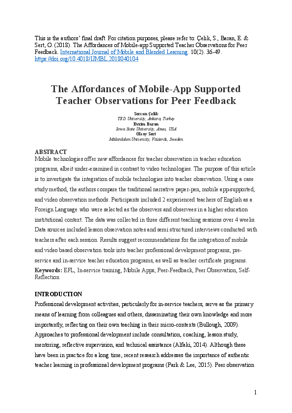 (PDF) The Affordances of Mobile-App Supported Teacher Observations for ...