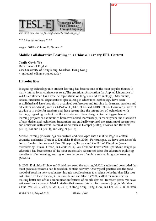 (PDF) Mobile Collaborative Learning in a Chinese Tertiary EFL Context