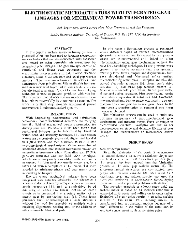 (PDF) Electrostatic microactuators with integrated gear linkages for mechanical power