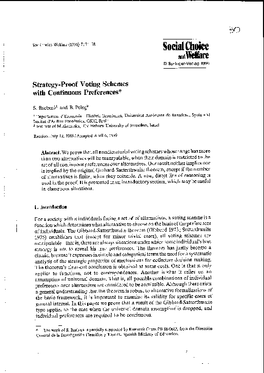 (PDF) Strategy-Proof Voting Schemes with Continuous Preferences