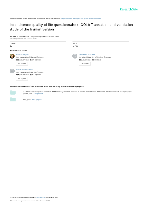 (PDF) Incontinence quality of life questionnaire (IQOL) translation