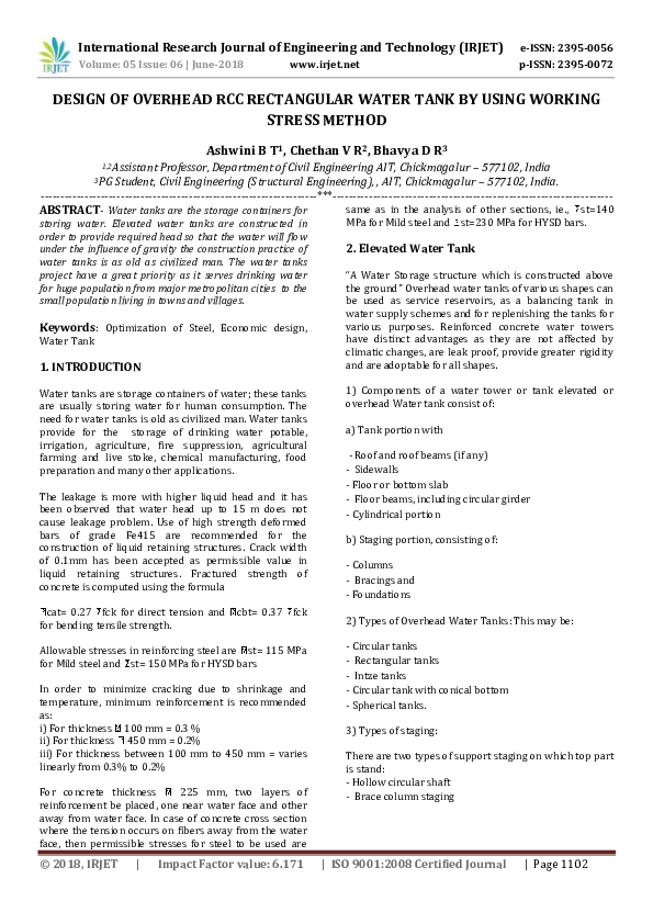 (PDF) DESIGN OF OVERHEAD RCC RECTANGULAR WATER TANK BY USING WORKING