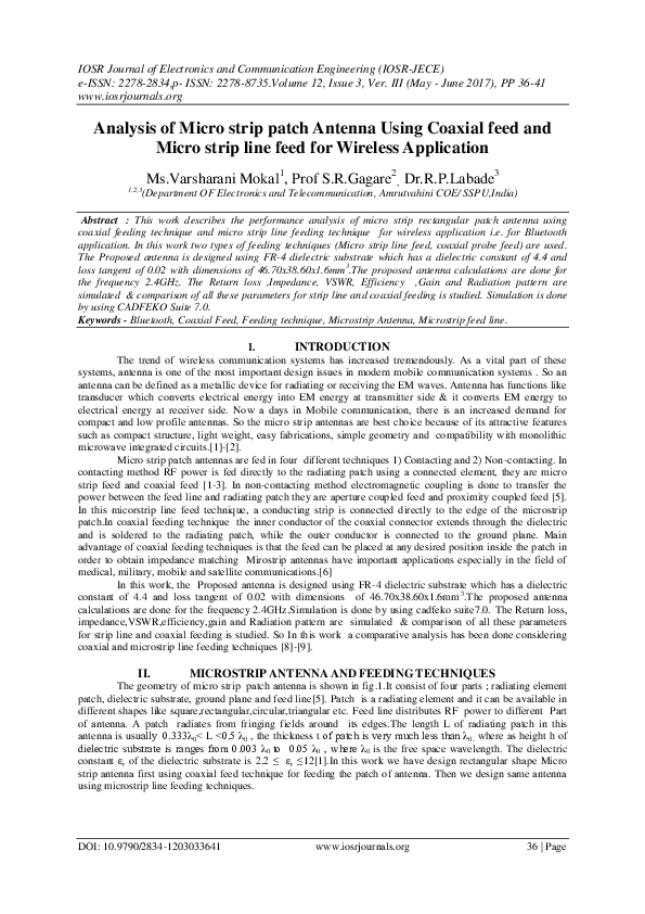 (PDF) Analysis of Micro strip patch Antenna Using Coaxial feed and Micro strip line feed for
