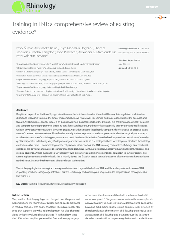 (PDF) Training in ENT; a comprehensive review of existing evidence