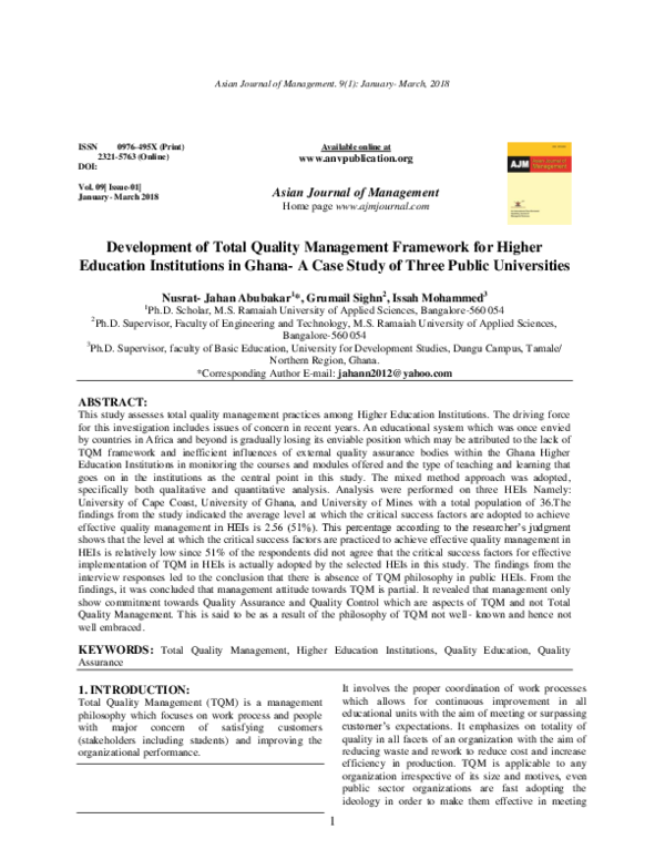(PDF) Development of Total Quality Management Framework for Higher ...