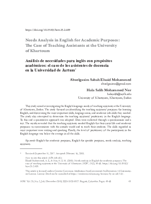 (PDF) Needs Analysis in English for Academic Purposes: The Case of ...