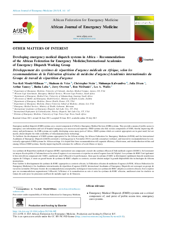 (PDF) Developing emergency medical dispatch systems in Africa ...