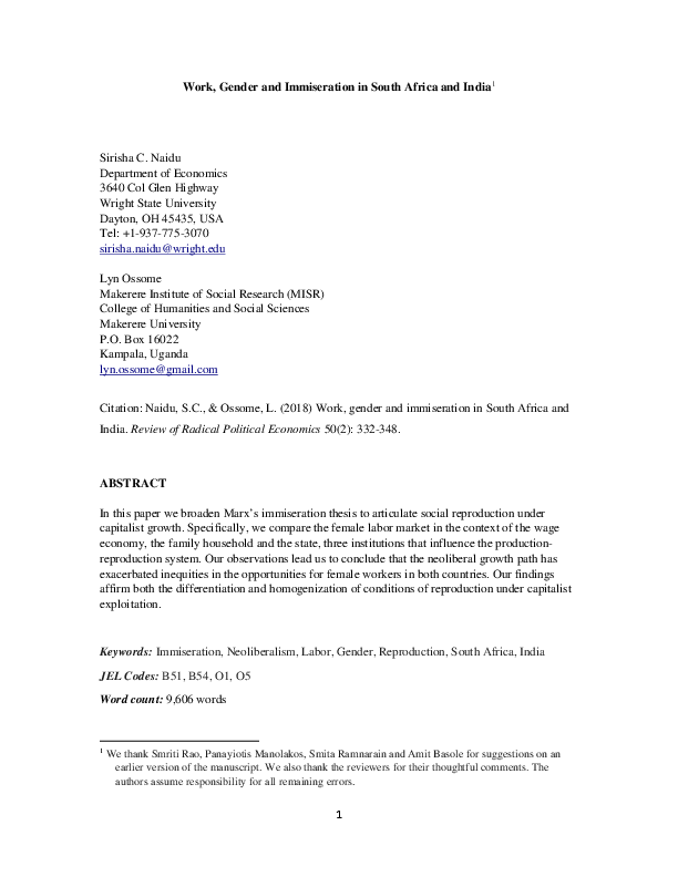(PDF) Work, Gender and Immiseration in South Africa and India