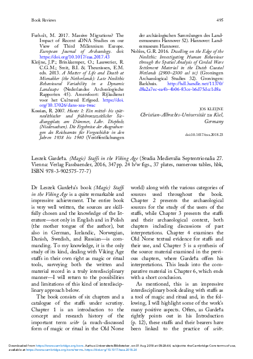 Nygaard 2018, Review of Leszek Gardela, (Magic) Staffs in the Viking Age, European Journal of Archaeology 21.3, 495-98