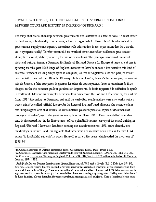 Royal Newsletters, Forgeries and English Historians: Some Links between Court and History in the Reign of Richard I