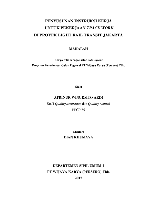 Pdf Makalah Instruksi Kerja Dan Quality Plan Track Work Light Rail Transit Lrt Jakarta Afrinur Winursito Academia Edu