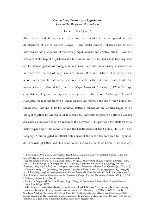 Canon Law, Custom and Legislation: Law in the Reign of Alexander II