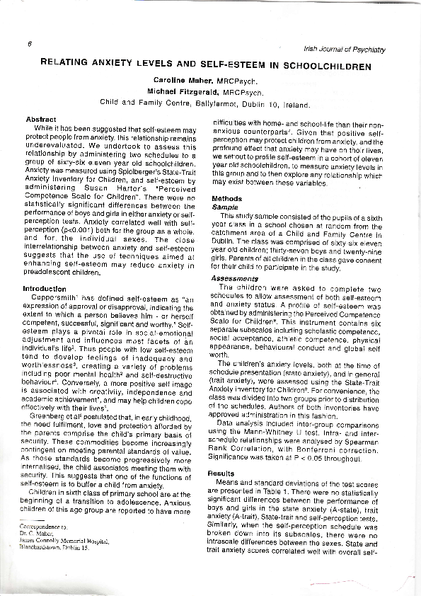 (PDF) Relating anxiety levels and self esteem in school children