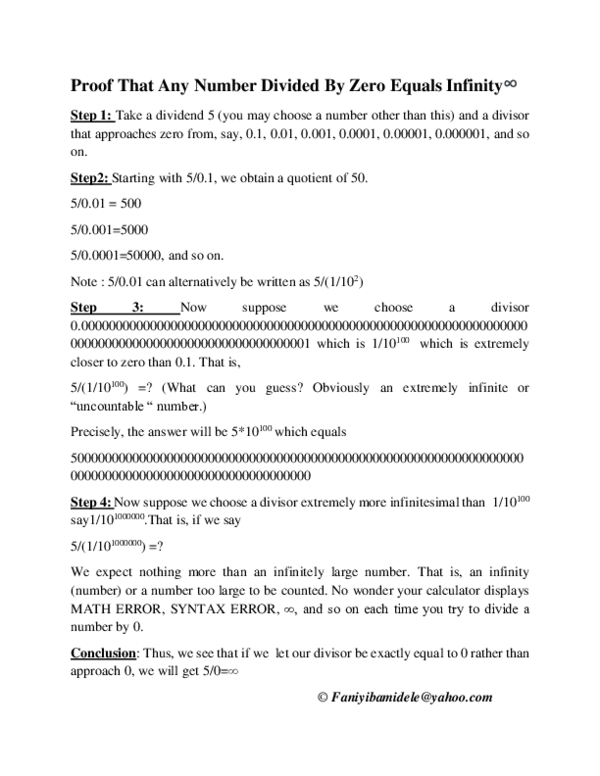 (PDF) Proof That Any Number Divided By Zero Equals Infinity Bamidele