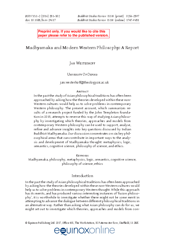 (PDF) Madhyamaka and Modern Western Philosophy: A Report