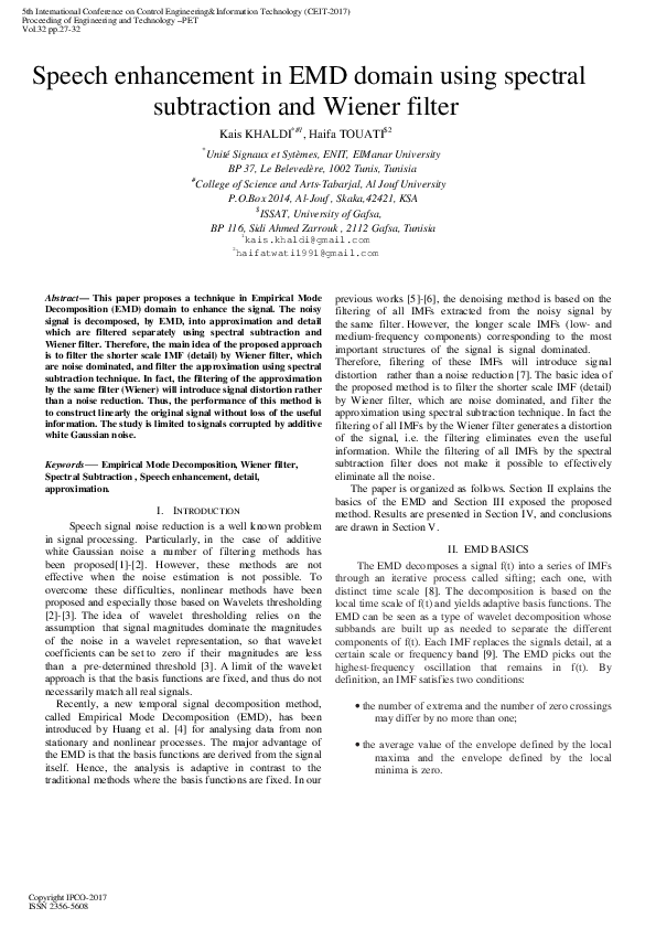 (PDF) Speech enhancement in EMD domain using spectral subtraction and