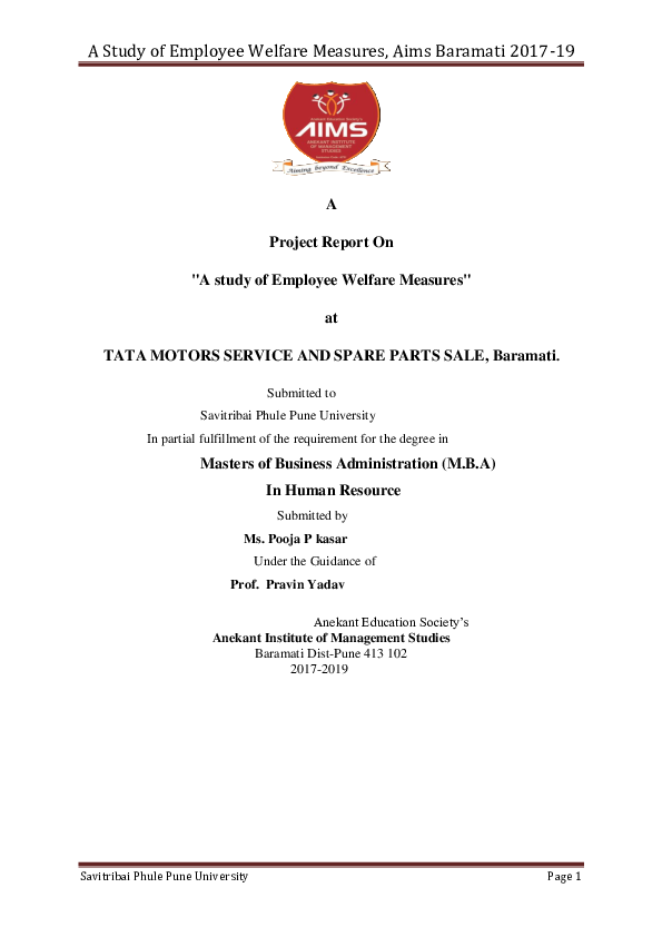 (DOC) A Project Report On "A study of Employee Welfare Measures" at