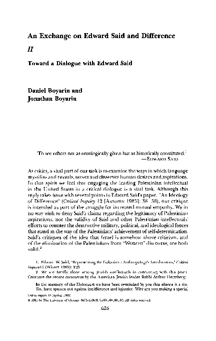 Daniel Boyarin and Jonathan Boyarin, “Toward a Dialogue with Edward Said,” Critical Inquiry, vol. 15, no. 3 (Spring 1989): 626-633