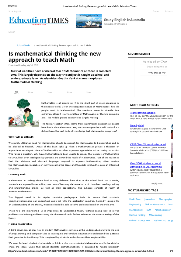 (PDF) Is mathematical thinking the new approach to teach Math Geetha
