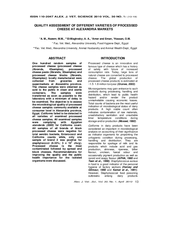 (PDF) QUALITY ASSESSMENT OF DIFFERENT VARIETIES OF PROCESSED CHEESE AT ALEXANDRIA MARKETS.pdf