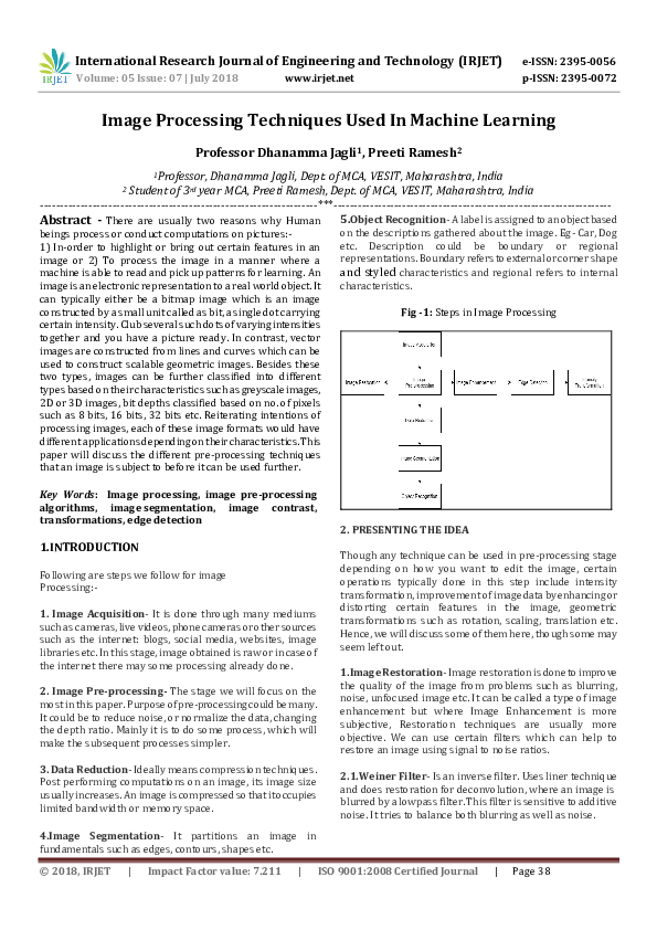 (PDF) IRJET- Image Processing Techniques Used In Machine Learning