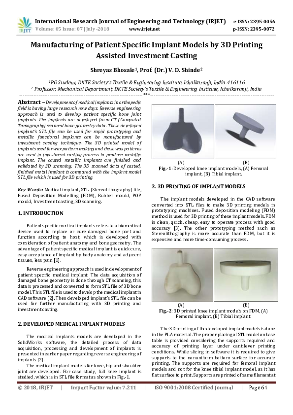(PDF) IRJET- Manufacturing of Patient Specific Implant Models by 3D ...