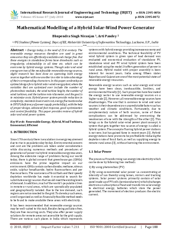 (PDF) IRJET Mathematical Modelling of a Hybrid SolarWind Power Generator IRJET Journal