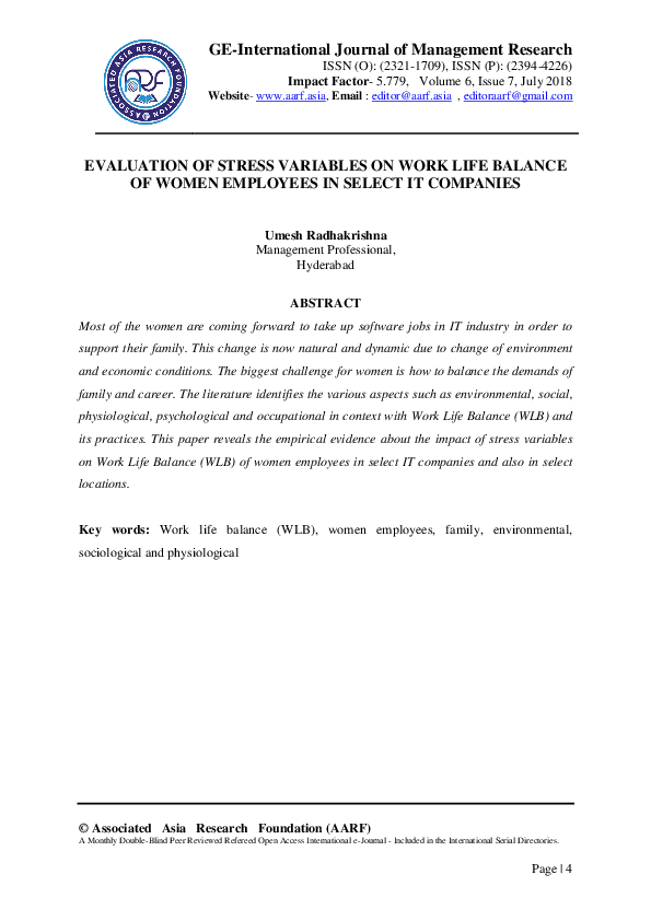 (PDF) EVALUATION OF STRESS VARIABLES ON WORK LIFE BALANCE OF WOMEN ...