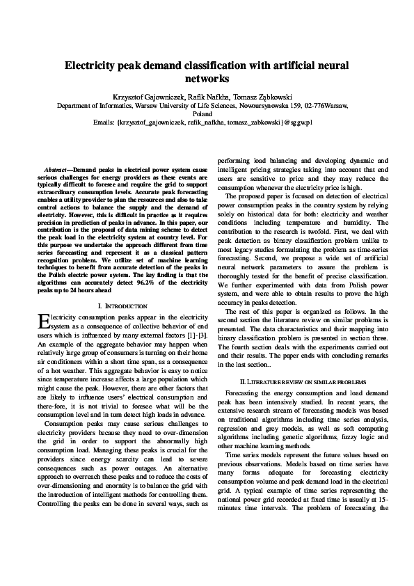 (PDF) Electricity peak demand classification with artificial neural ...