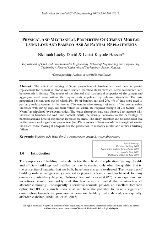 (PDF) PHYSICAL AND MECHANICAL PROPERTIES OF CEMENT MORTAR USING LIME ...