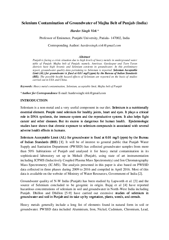 (DOC) Selenium Contamination of Groundwater of Majha Belt of Punjab (India