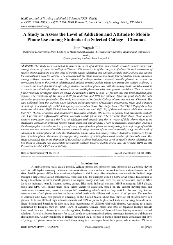 (PDF) A Study to Assess the Level of Addiction and Attitude to Mobile ...